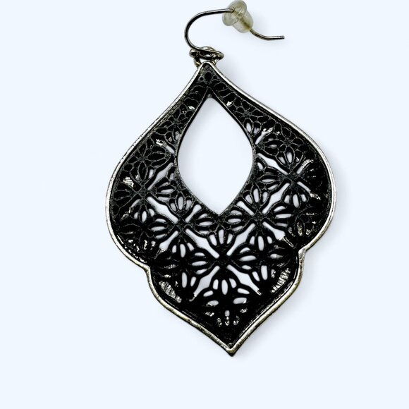 Black and Silver Tone Pierced Statement Earrings Dangling Large Lace-like Gothic - Picture 2 of 4
